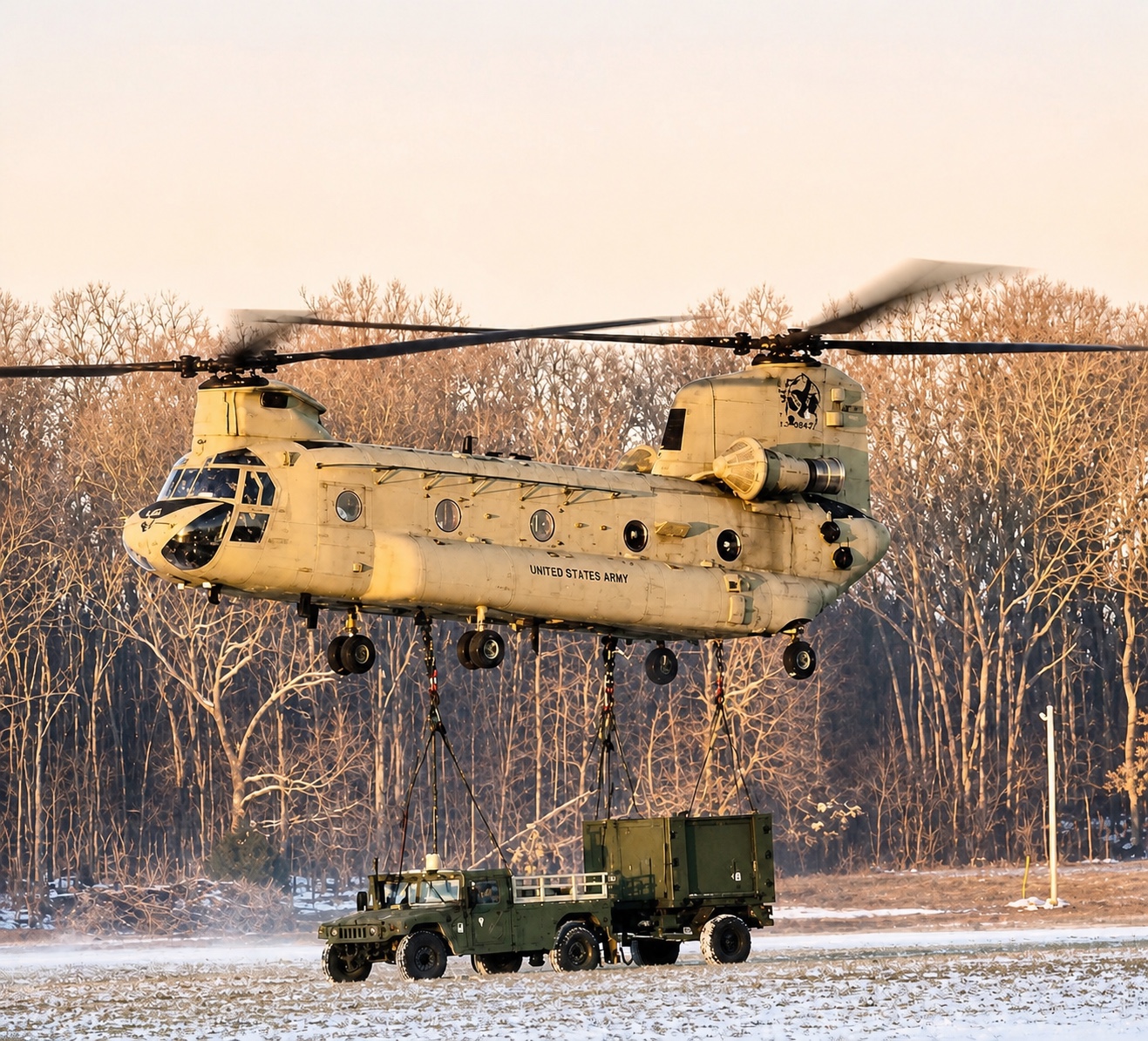 Kitchen trailer slung beneath a Chinook helicopter